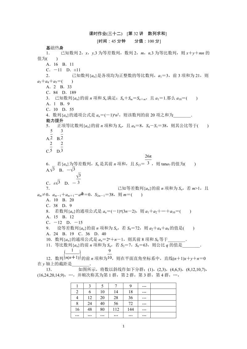 人教A版文科数学课时试题及解析（32）数列求和_第1页