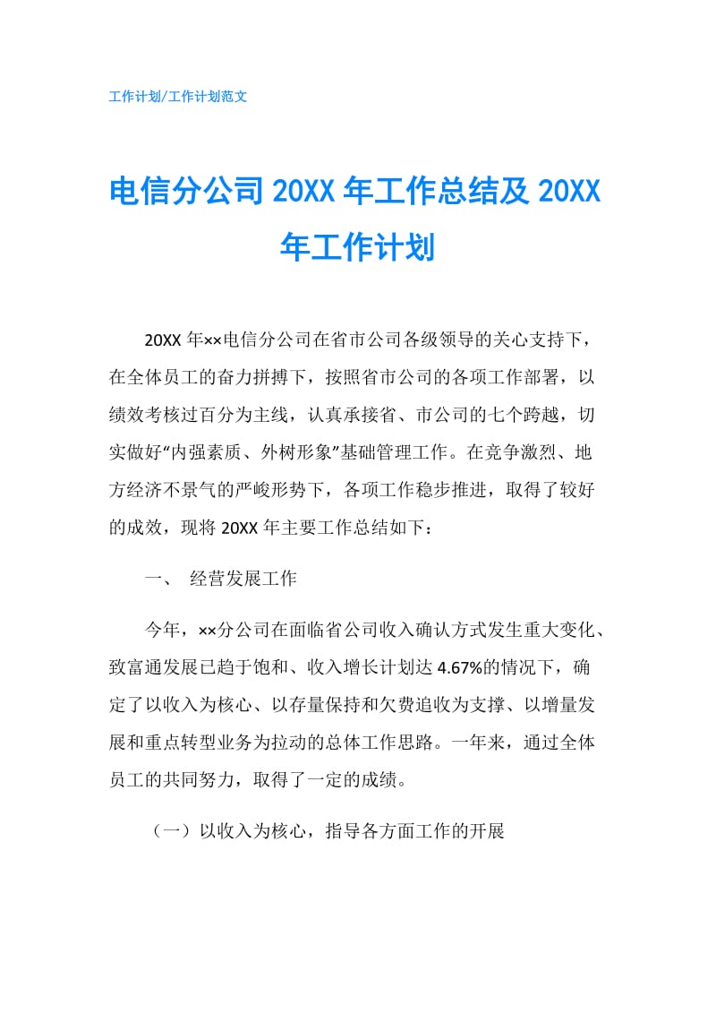 电信分公司20XX年工作总结及20XX年工作计划.doc_第1页