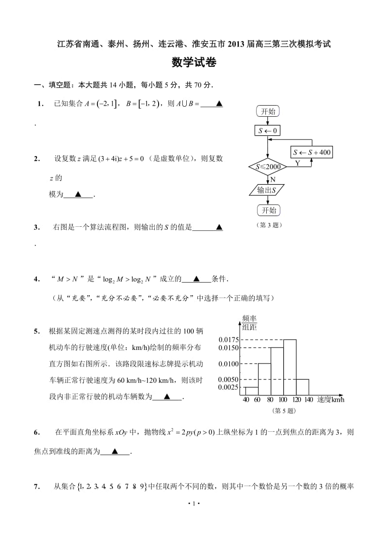 江苏省南通、泰州、扬州、连云港、淮安五市高三第三次模拟考试数学试卷_第1页