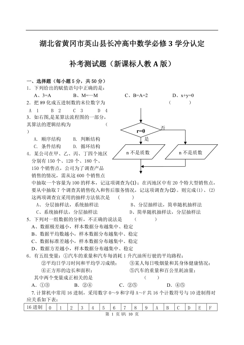 湖北省黄冈市英山县长冲高中数学必修3学分认定_第1页