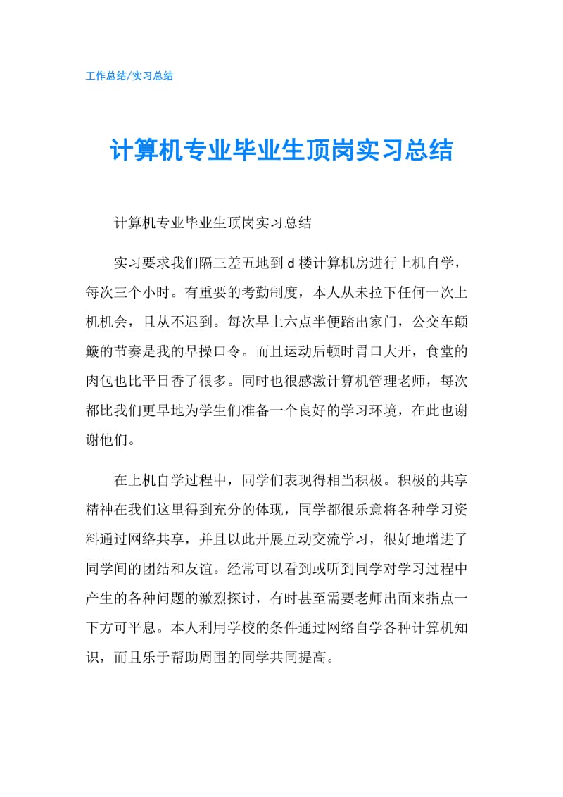 计算机专业毕业生顶岗实习总结.doc_第1页