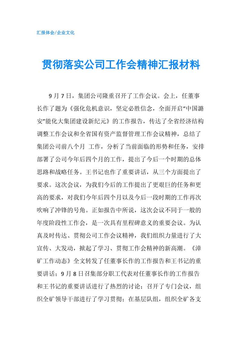 贯彻落实公司工作会精神汇报材料.doc_第1页