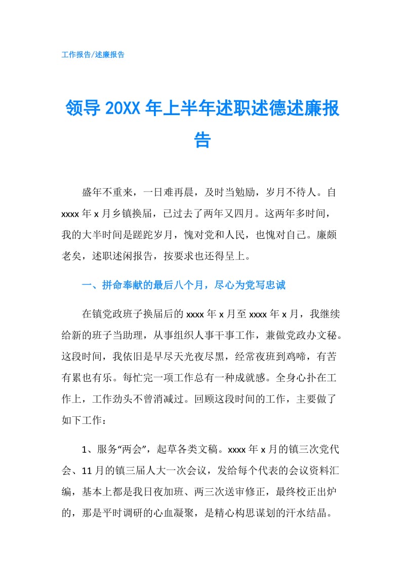 领导20XX年上半年述职述德述廉报告.doc_第1页