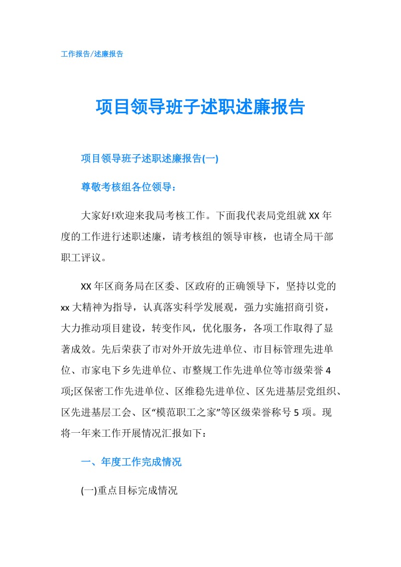 项目领导班子述职述廉报告.doc_第1页