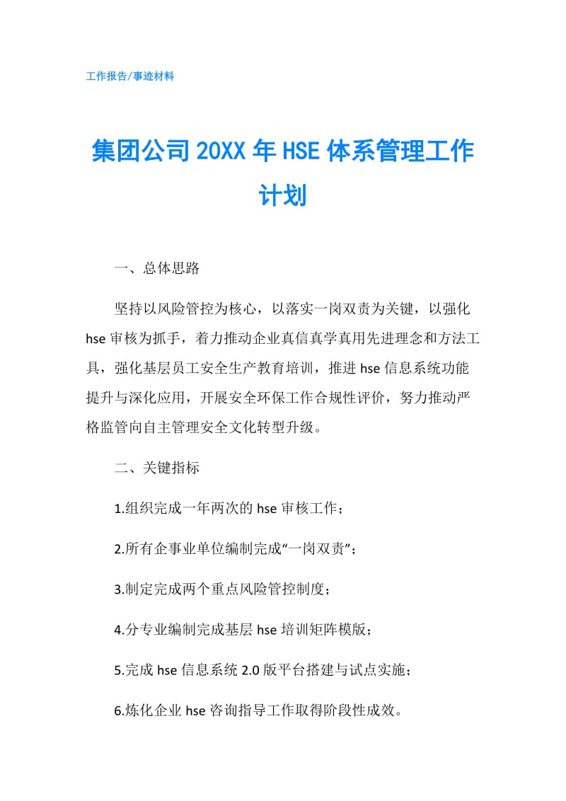 集团公司20XX年HSE体系管理工作计划.doc_第1页