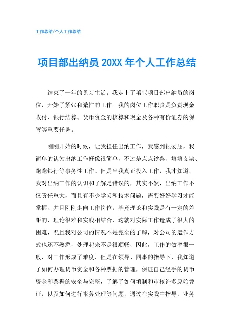 项目部出纳员20XX年个人工作总结.doc_第1页