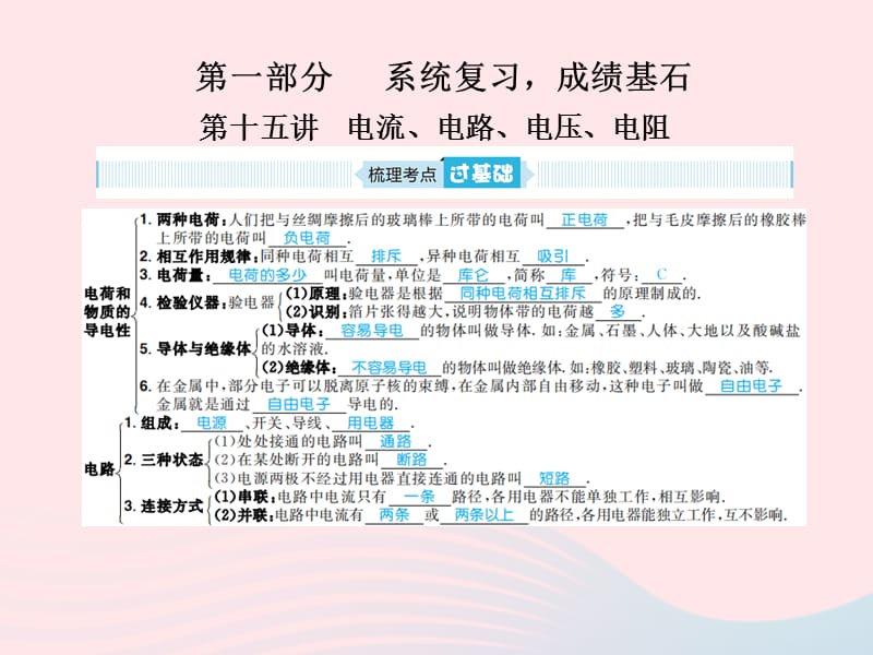 山东省青岛市2019年中考物理总复习九年级第15讲电流电路、电压电阻课件_第1页