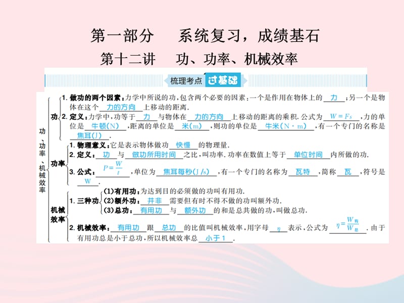 山东省青岛市2019年中考物理总复习八下第12讲功、功率、机械效率课件_第1页