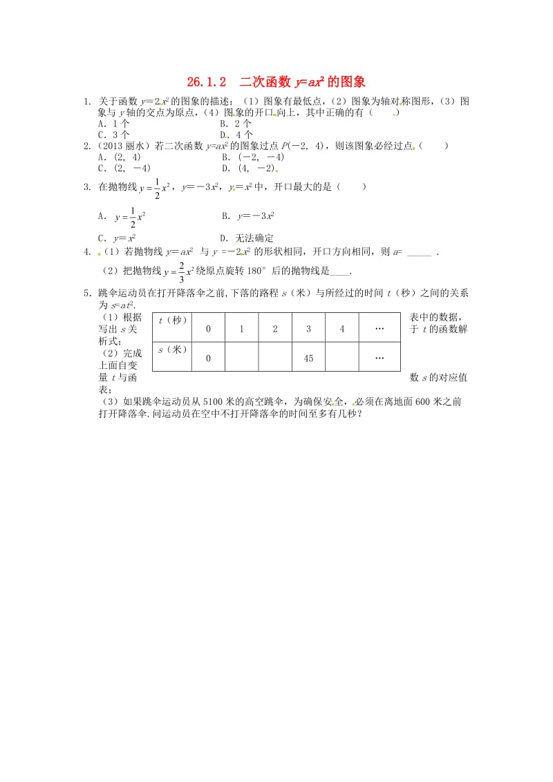 26.1.2 二次函数y=ax2的图象同步练习 新人教版_第1页