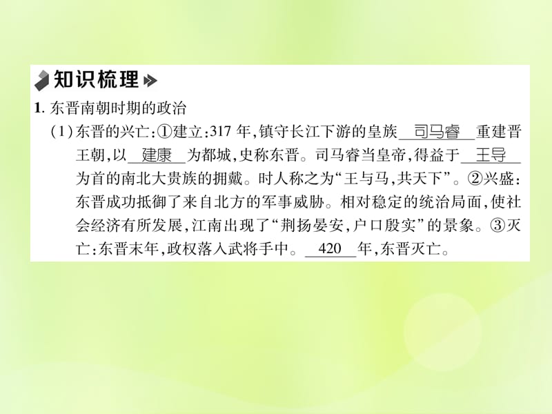 七年级历史上册课时知识梳理第4单元三国两晋南北朝时期政权分立与民族交融第18课东晋南朝时期江南地区的开发课件12061136_第2页