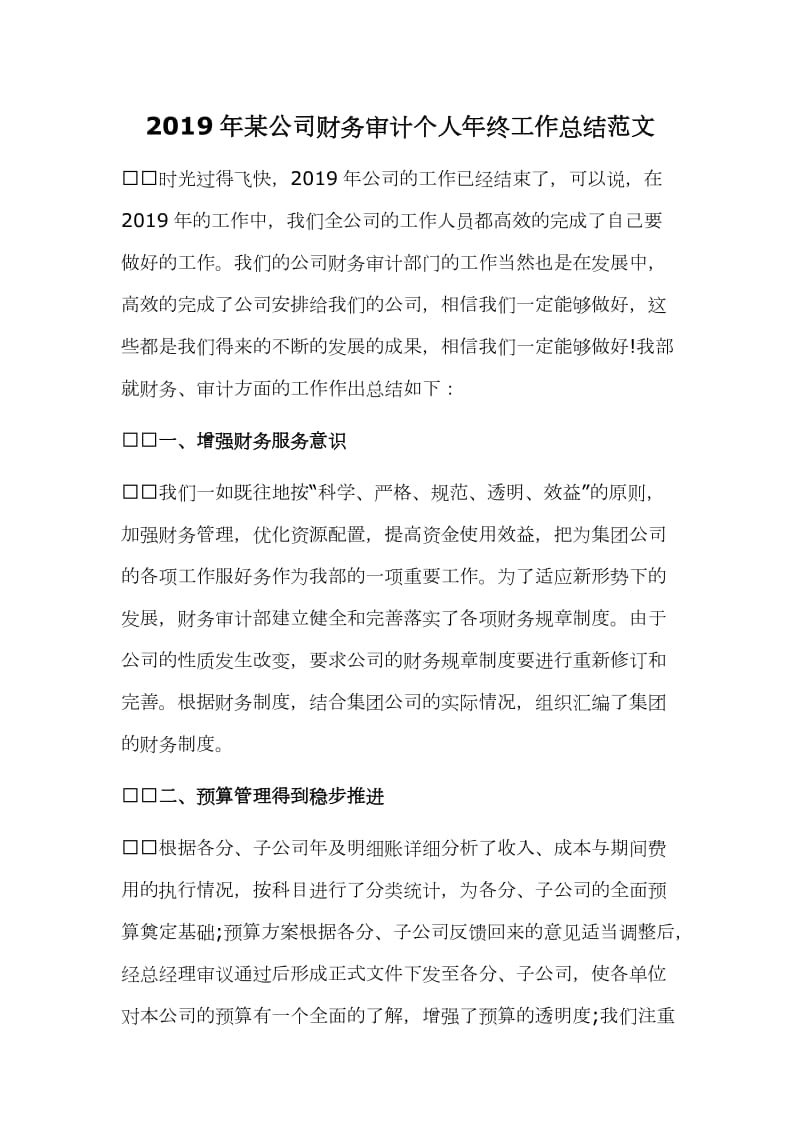 2019年某公司财务审计个人年终工作总结范文_第1页