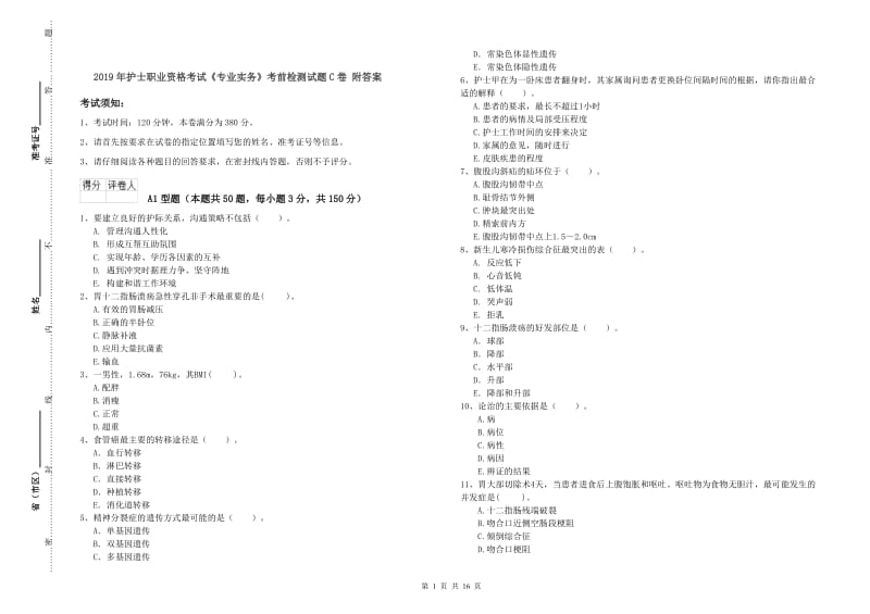 2019年护士职业资格考试《专业实务》考前检测试题C卷 附答案.doc_第1页