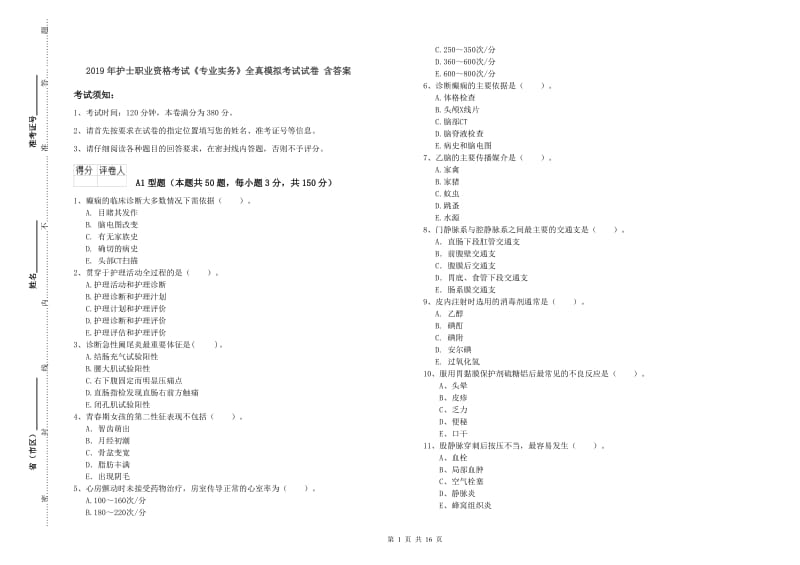 2019年护士职业资格考试《专业实务》全真模拟考试试卷 含答案.doc_第1页