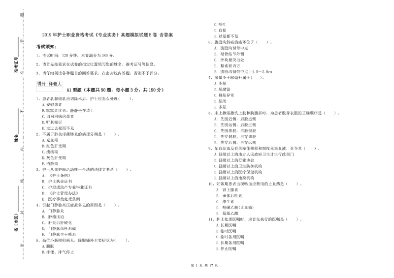 2019年护士职业资格考试《专业实务》真题模拟试题B卷 含答案.doc_第1页