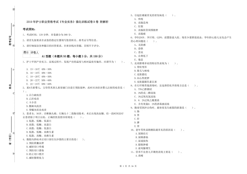 2019年护士职业资格考试《专业实务》强化训练试卷B卷 附解析.doc_第1页