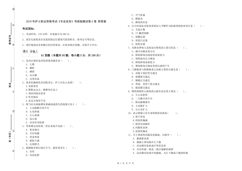 2019年护士职业资格考试《专业实务》考前检测试卷A卷 附答案.doc_第1页