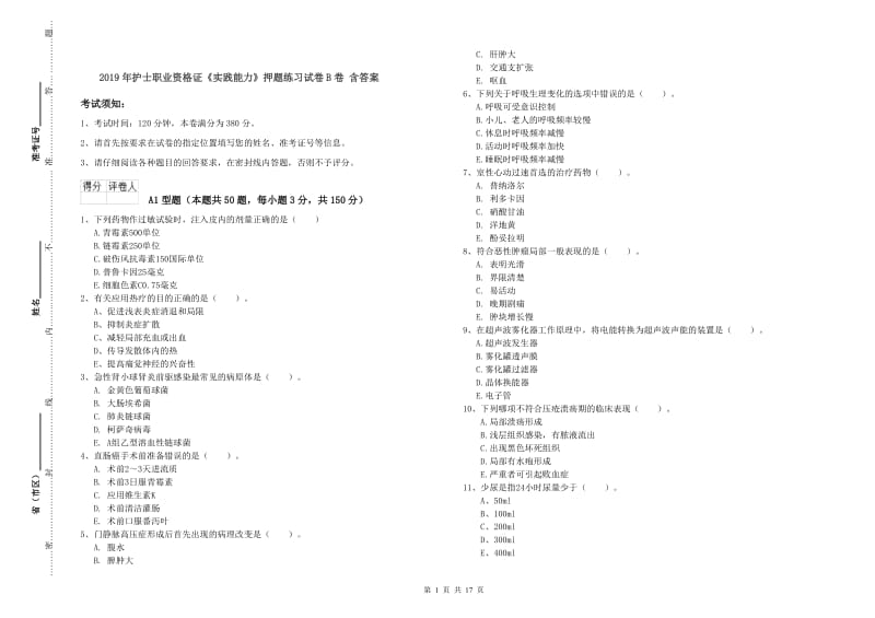 2019年护士职业资格证《实践能力》押题练习试卷B卷 含答案.doc_第1页