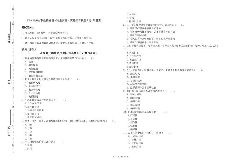 2019年护士职业资格证《专业实务》真题练习试卷B卷 附答案.doc_第1页