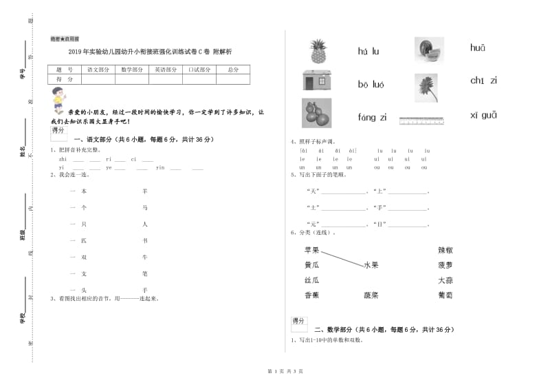 2019年实验幼儿园幼升小衔接班强化训练试卷C卷 附解析.doc_第1页