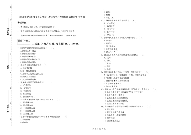 2019年护士职业资格证考试《专业实务》考前检测试卷B卷 含答案.doc_第1页