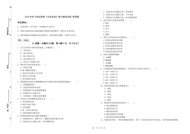 2019年护士职业资格《专业实务》能力测试试卷 附答案.doc_第1页