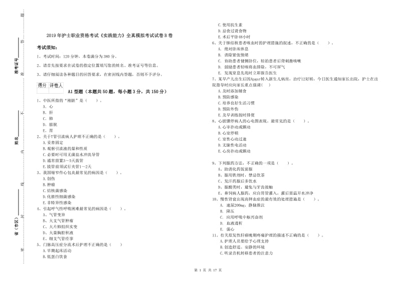 2019年护士职业资格考试《实践能力》全真模拟考试试卷B卷.doc_第1页