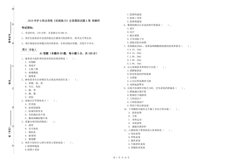 2019年护士职业资格《实践能力》全真模拟试题A卷 附解析.doc_第1页