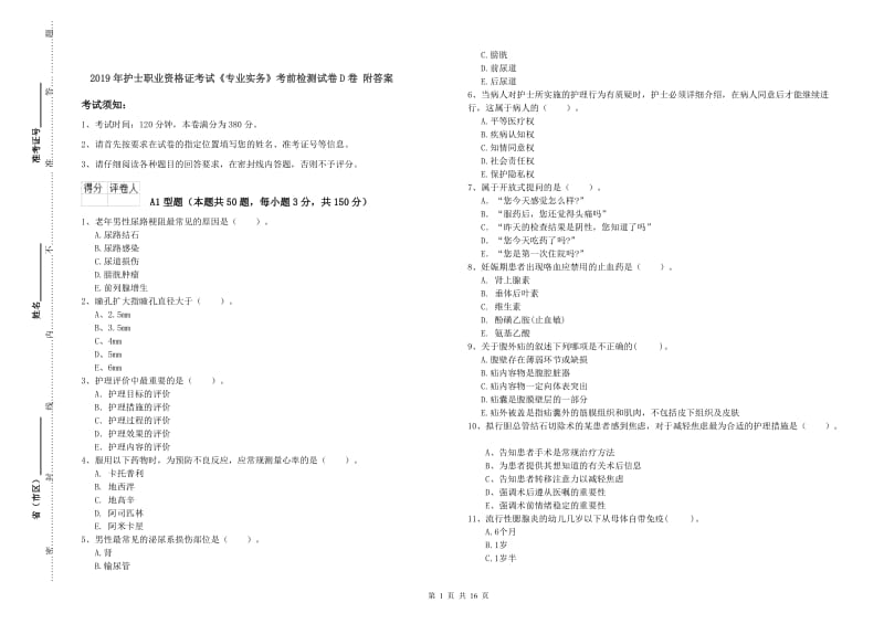 2019年护士职业资格证考试《专业实务》考前检测试卷D卷 附答案.doc_第1页