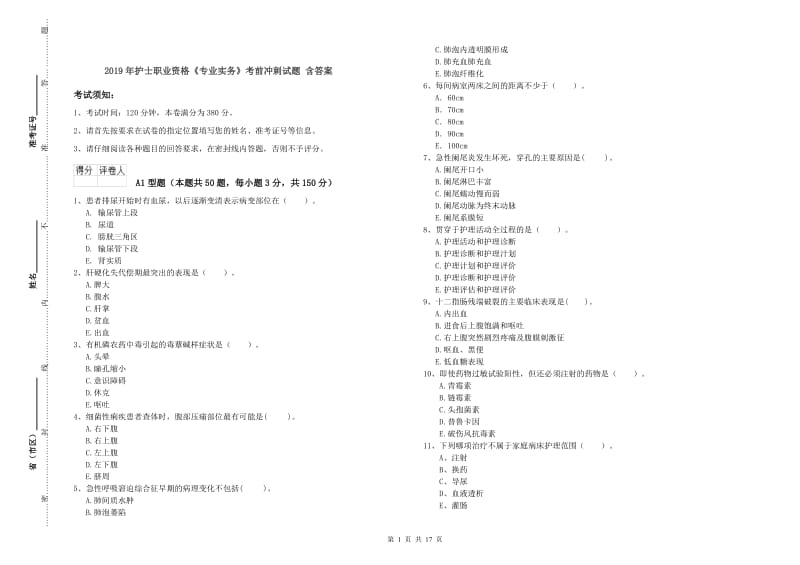 2019年护士职业资格《专业实务》考前冲刺试题 含答案.doc_第1页