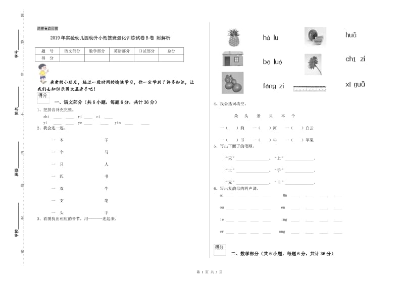 2019年实验幼儿园幼升小衔接班强化训练试卷B卷 附解析.doc_第1页