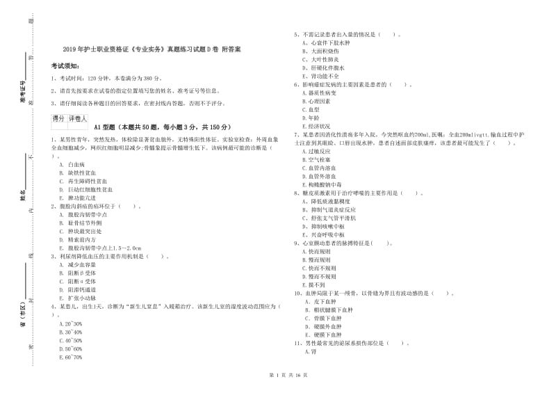 2019年护士职业资格证《专业实务》真题练习试题D卷 附答案.doc_第1页