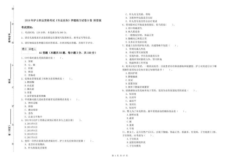 2019年护士职业资格考试《专业实务》押题练习试卷B卷 附答案.doc_第1页