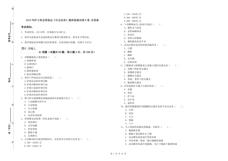 2019年护士职业资格证《专业实务》题库检测试卷B卷 含答案.doc_第1页