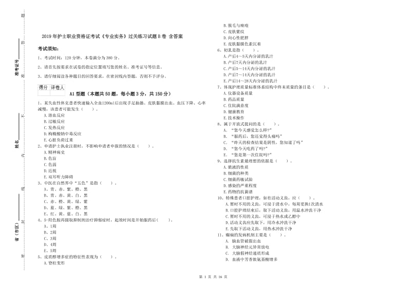 2019年护士职业资格证考试《专业实务》过关练习试题B卷 含答案.doc_第1页