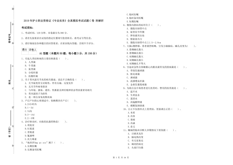 2019年护士职业资格证《专业实务》全真模拟考试试题C卷 附解析.doc_第1页