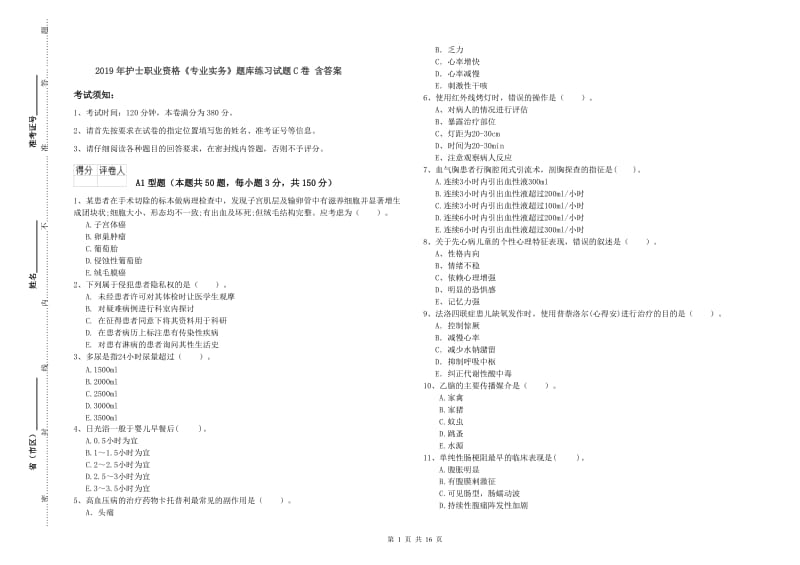 2019年护士职业资格《专业实务》题库练习试题C卷 含答案.doc_第1页