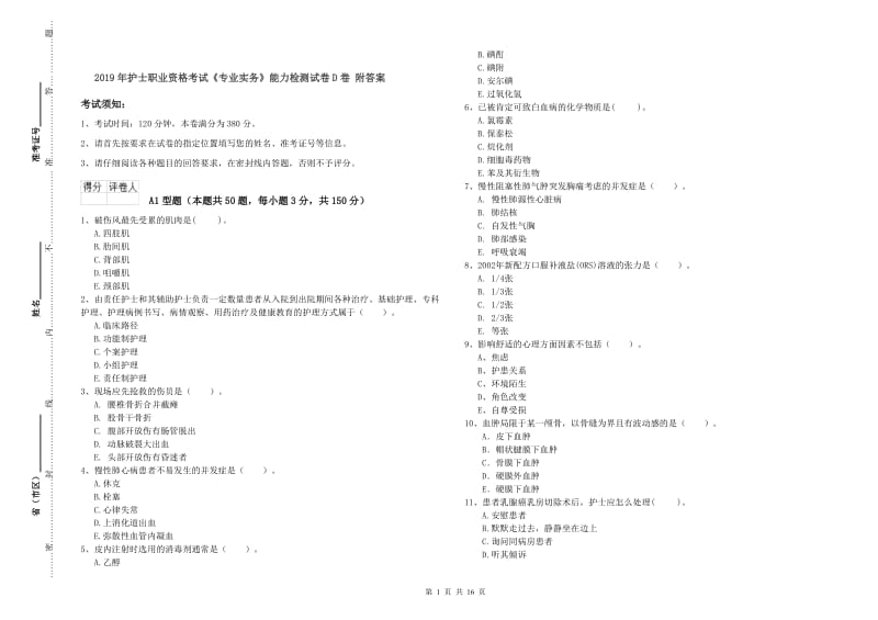 2019年护士职业资格考试《专业实务》能力检测试卷D卷 附答案.doc_第1页