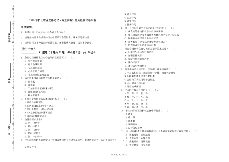 2019年护士职业资格考试《专业实务》能力检测试卷B卷.doc_第1页