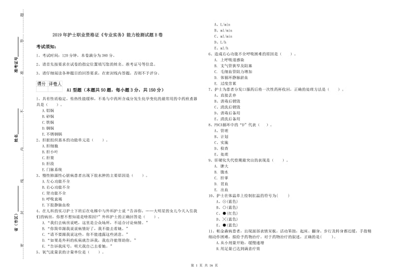 2019年护士职业资格证《专业实务》能力检测试题B卷.doc_第1页