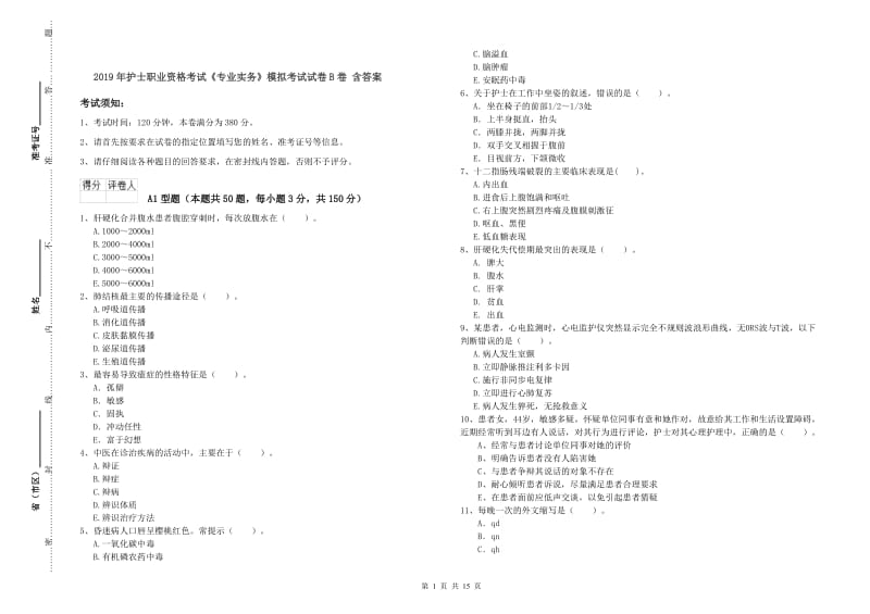 2019年护士职业资格考试《专业实务》模拟考试试卷B卷 含答案.doc_第1页