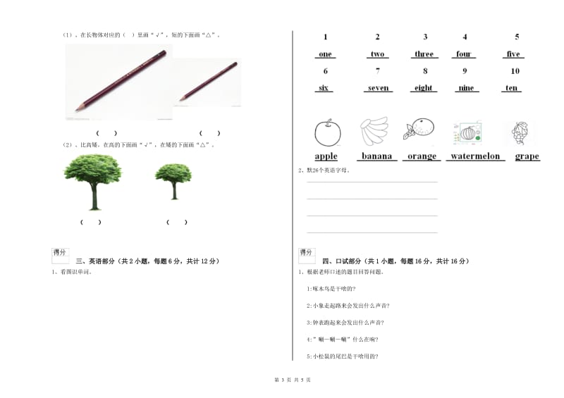 2019年实验幼儿园幼升小衔接班全真模拟考试试卷 附答案.doc_第3页