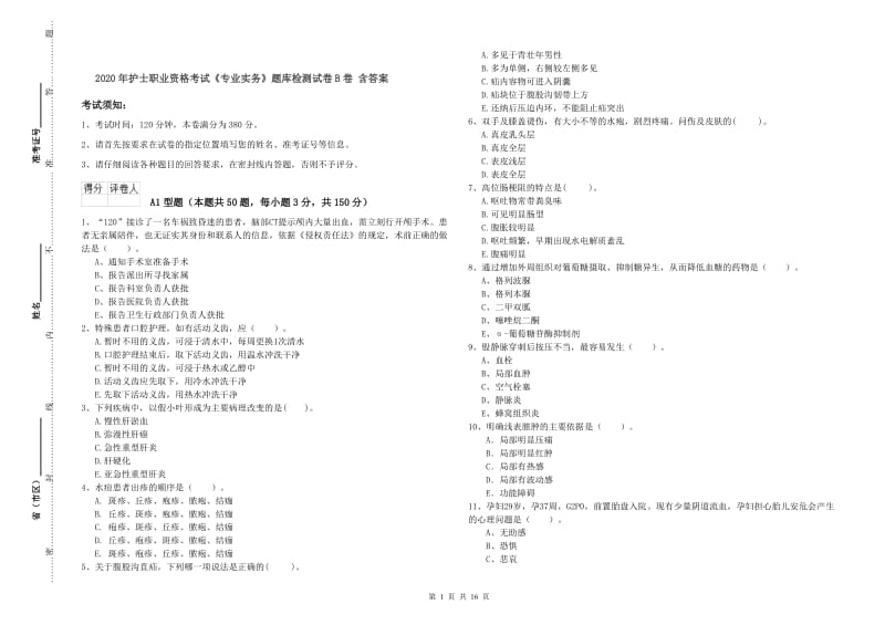 2020年护士职业资格考试《专业实务》题库检测试卷B卷 含答案.doc_第1页