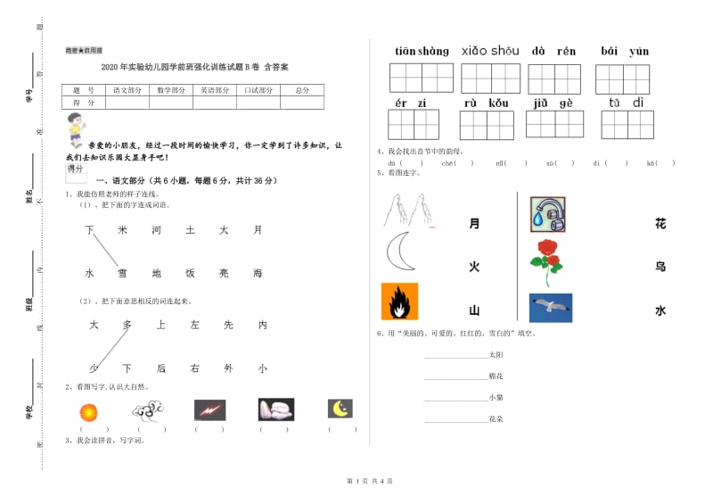 2020年实验幼儿园学前班强化训练试题B卷 含答案.doc_第1页