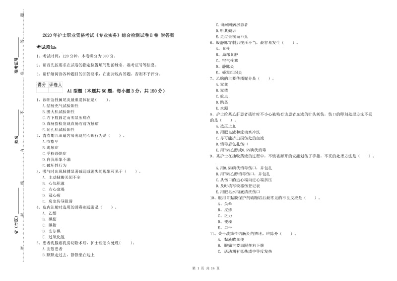 2020年护士职业资格考试《专业实务》综合检测试卷B卷 附答案.doc_第1页