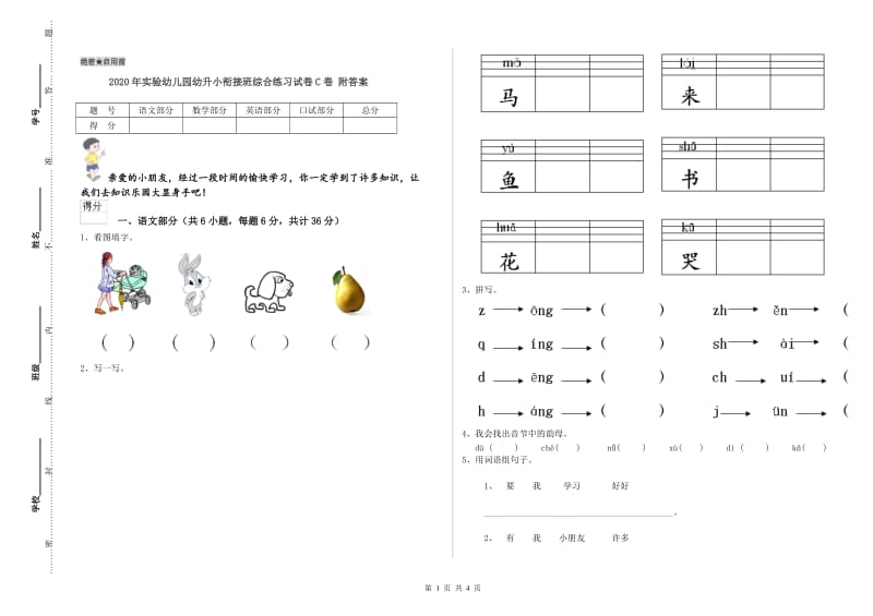 2020年实验幼儿园幼升小衔接班综合练习试卷C卷 附答案.doc_第1页