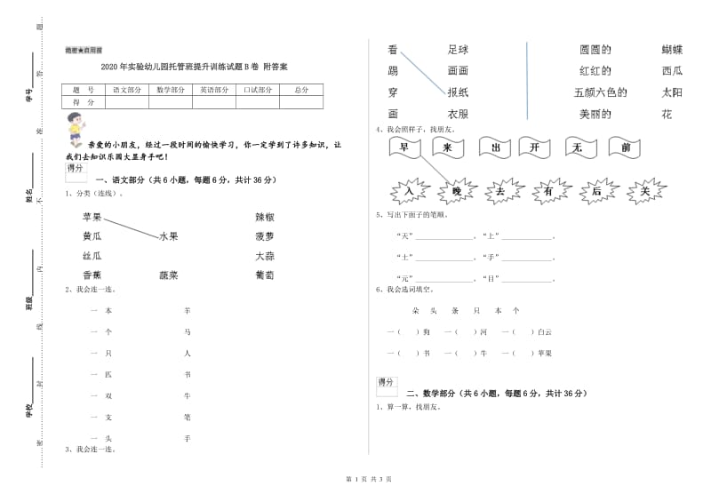 2020年实验幼儿园托管班提升训练试题B卷 附答案.doc_第1页