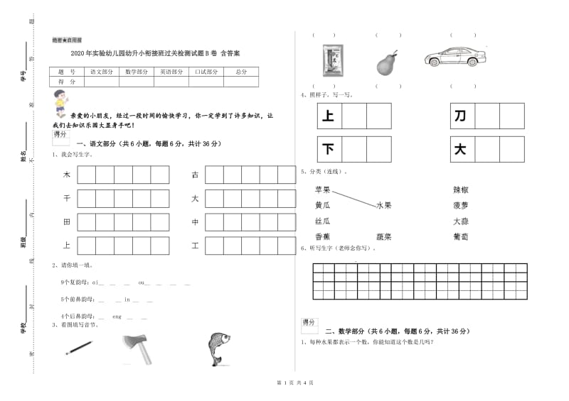 2020年实验幼儿园幼升小衔接班过关检测试题B卷 含答案.doc_第1页