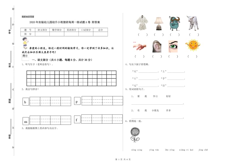 2020年实验幼儿园幼升小衔接班每周一练试题A卷 附答案.doc_第1页