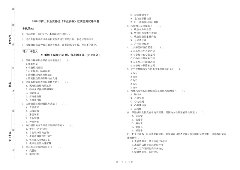 2020年护士职业资格证《专业实务》过关检测试卷B卷.doc_第1页