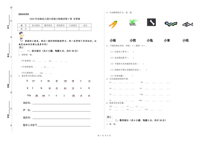 2020年实验幼儿园大班能力检测试卷C卷 含答案.doc_第1页